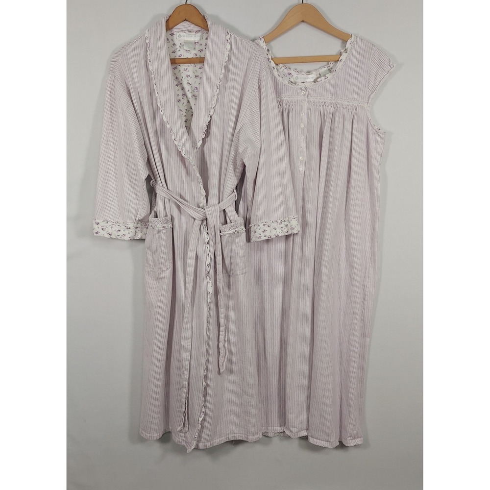 Eileen West Nightgown Robe Set 1X Cotton Floral Lace Purple Stripe Cottagecore
